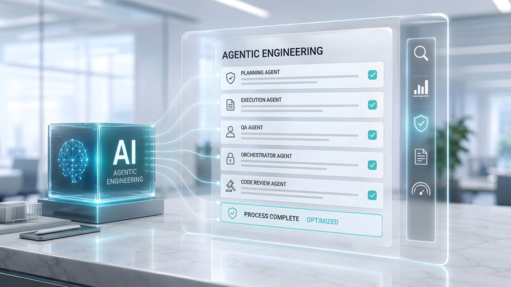 An AI cube connected to an agentic engineering workflow with planning, execution, QA, orchestration, and code review agents